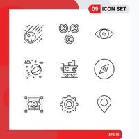 Pictogram Set of 9 Simple Outlines of weding trolly basic park beach ball Editable Vector Design Elements