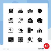 Group of 16 Solid Glyphs Signs and Symbols for development target sport location trolley bus Editable Vector Design Elements