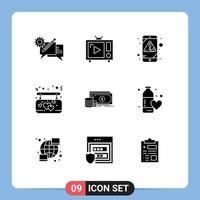 Set of 9 Vector Solid Glyphs on Grid for love board tv set affection mobile Editable Vector Design Elements