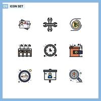 Group of 9 Modern Filledline Flat Colors Set for wall clock time keeper currency time pub Editable Vector Design Elements