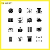 Group of 16 Modern Solid Glyphs Set for game field music store shop front Editable Vector Design Elements