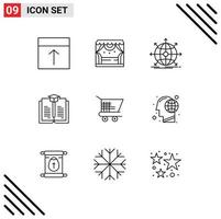 Pack of 9 creative Outlines of cart book theater graduation network Editable Vector Design Elements