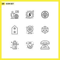 Modern Set of 9 Outlines Pictograph of metal badge money army light Editable Vector Design Elements