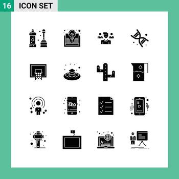 16 Universal Solid Glyphs Set for Web and Mobile Applications basketball technology team genetics bio Editable Vector Design Elements