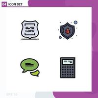 Pack of 4 Modern Filledline Flat Colors Signs and Symbols for Web Print Media such as data privacy chatting privacy bug texting Editable Vector Design Elements