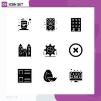 Pictogram Set of 9 Simple Solid Glyphs of pie graph cog building cross cathedral Editable Vector Design Elements