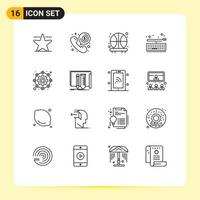 Pack of 16 creative Outlines of gear affiliate backboard keypad key Editable Vector Design Elements