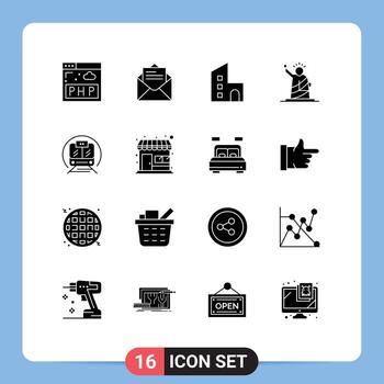 dieciséis universal sólido glifos conjunto para web y móvil aplicaciones velocidad tren estatua edificio de puntos de referencia editable vector diseño elementos