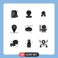 Group of 9 Solid Glyphs Signs and Symbols for ladder location badge travel beach Editable Vector Design Elements