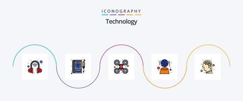 Technology Line Filled Flat 5 Icon Pack Including brain. network. cam. hologram. digital vector
