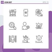 Pack of 9 creative Outlines of man add on money search magnifier Editable Vector Design Elements