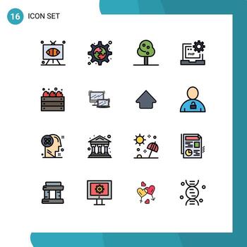 paquete de dieciséis moderno plano color lleno líneas señales y símbolos para web impresión medios de comunicación tal como manzanas ordenador portátil naturaleza desarrollo codificación editable creativo vector diseño elementos
