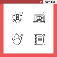 Pictogram Set of 4 Simple Filledline Flat Colors of candle pot romance player gree tea Editable Vector Design Elements