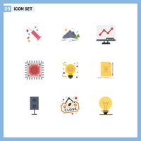 Group of 9 Flat Colors Signs and Symbols for creative processor sun microchip screen Editable Vector Design Elements