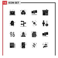 Pack of 16 Modern Solid Glyphs Signs and Symbols for Web Print Media such as direction kitchen secure glove cooking Editable Vector Design Elements