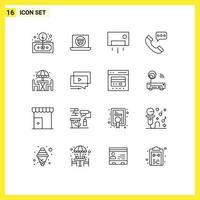 Set of 16 Vector Outlines on Grid for contact us communication camera call home ware Editable Vector Design Elements