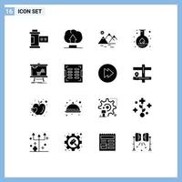 16 Thematic Vector Solid Glyphs and Editable Symbols of data business mountain science flask Editable Vector Design Elements