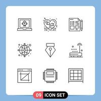 Mobile Interface Outline Set of 9 Pictograms of editor internet romantic globe education Editable Vector Design Elements