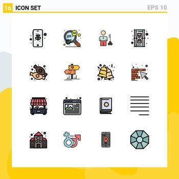 moderno conjunto de dieciséis plano color lleno líneas y símbolos tal como arena reloj solución seguridad persona editable creativo vector diseño elementos