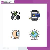 Modern Set of 4 Filledline Flat Colors and symbols such as headphone head service dollar open mind Editable Vector Design Elements