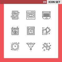 9 User Interface Outline Pack of modern Signs and Symbols of flask display page content money soccer goalpost Editable Vector Design Elements