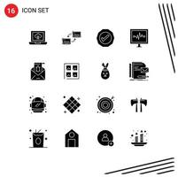 Group of 16 Solid Glyphs Signs and Symbols for e pulse line logistic pulse heartbeat Editable Vector Design Elements