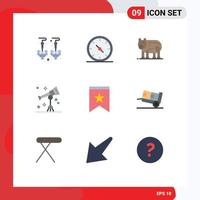 Group of 9 Flat Colors Signs and Symbols for insignia badge bear telescope science Editable Vector Design Elements