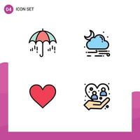 Filledline Flat Color Pack of 4 Universal Symbols of umbrella heart spring rain wedding Editable Vector Design Elements