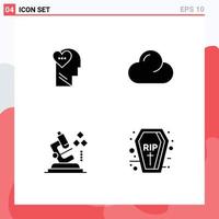 Pack of 4 creative Solid Glyphs of feelings lab head overcast coffin Editable Vector Design Elements