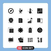 Modern Set of 16 Solid Glyphs and symbols such as sticky location temperature development coding Editable Vector Design Elements