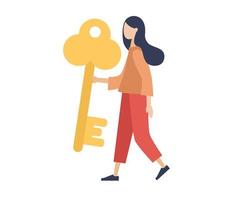 Woman holding golden key. Key businesswoman. Business concept. Vector flat illustration