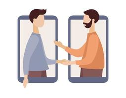 Two businessmen talking through smartphone screens and shaking hands. Two business partners handshaking. Business meeting, video communication and video call app concept. Vector flat illustration