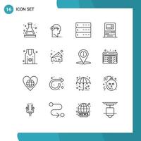 Pack of 16 Modern Outlines Signs and Symbols for Web Print Media such as withdraw machine unlock bank server Editable Vector Design Elements