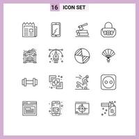 Pack of 16 Modern Outlines Signs and Symbols for Web Print Media such as gate fashion huawei bag timber Editable Vector Design Elements