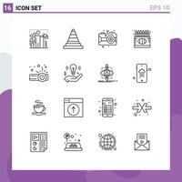 Group of 16 Modern Outlines Set for education crayon tools color camera Editable Vector Design Elements