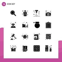 Mobile Interface Solid Glyph Set of 16 Pictograms of support customer corkscrew consultant camera Editable Vector Design Elements