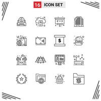 Pack of 16 Modern Outlines Signs and Symbols for Web Print Media such as shopping bag server house apartment Editable Vector Design Elements