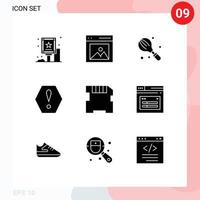 Group of 9 Modern Solid Glyphs Set for card octagon user error kitchen Editable Vector Design Elements