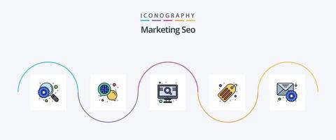 márketing seo línea lleno plano 5 5 icono paquete incluso ajustes. correo electrónico. mejoramiento. óptimo palabras clave seo vector