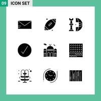 User Interface Pack of 9 Basic Solid Glyphs of masjid ok global complete check Editable Vector Design Elements