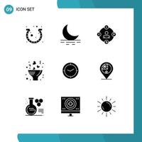 Pack of 9 Modern Solid Glyphs Signs and Symbols for Web Print Media such as watch love social media flower procrastination Editable Vector Design Elements