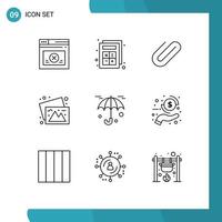 Editable Vector Line Pack of 9 Simple Outlines of protection images attachment travel camera Editable Vector Design Elements