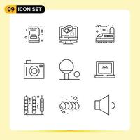 Mobile Interface Outline Set of 9 Pictograms of sport picture railroad picnic camera Editable Vector Design Elements