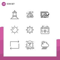 Pack of 9 Modern Outlines Signs and Symbols for Web Print Media such as time clock design sun beach Editable Vector Design Elements