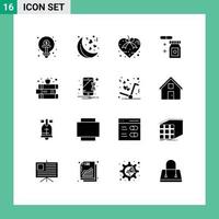 Pack of 16 Modern Solid Glyphs Signs and Symbols for Web Print Media such as education temperature heart rainy present Editable Vector Design Elements