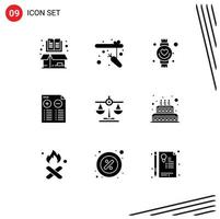 Universal Icon Symbols Group of 9 Modern Solid Glyphs of justice minus beat plus document Editable Vector Design Elements