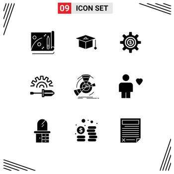 9 Universal Solid Glyphs Set for Web and Mobile Applications performance data gear tool driver Editable Vector Design Elements