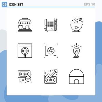 Pack of 9 creative Outlines of camera develop baking coding app Editable Vector Design Elements