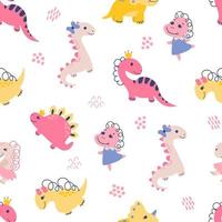 Seamless pattern with dino girls. Design for fabric, textile, wallpaper, packaging. vector