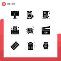 Set of 9 Vector Solid Glyphs on Grid for bus phone card mobile marry Editable Vector Design Elements